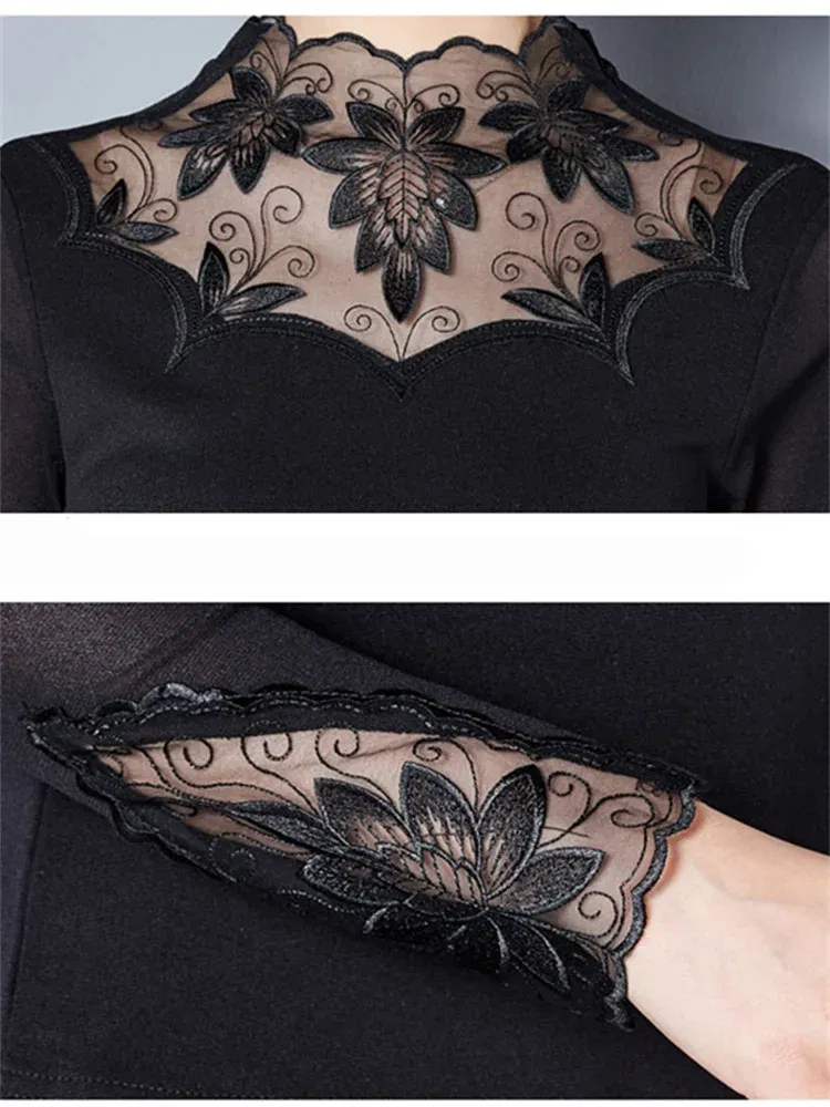 Color: Khaki, Size: L - Hollow Out Women Spring Autumn Style Lace Blouses Shirts Casual Long Sleeve Patchwork Spliced Turtleneck Blusas Tops DF1491
