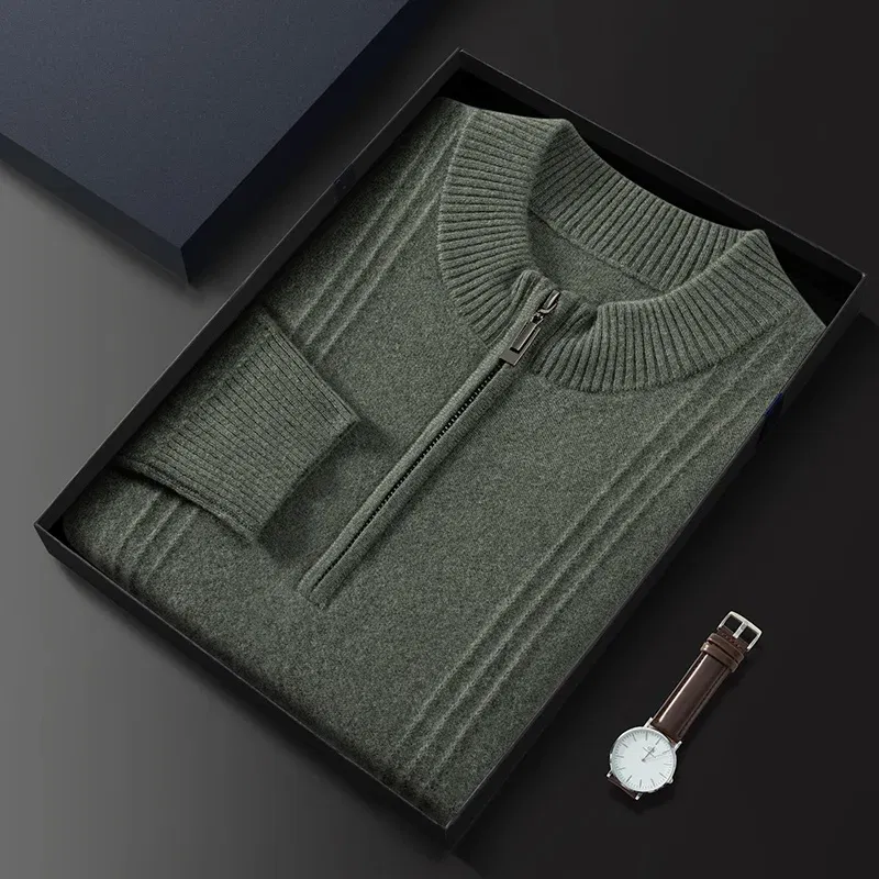 Color: army green, Size: XL - Men's Sweater Pullover Autumn Winter Sweater Warm Clothing 100% Cashmere Business Long Sleeve Classic Quality Mock Neck Knit Top