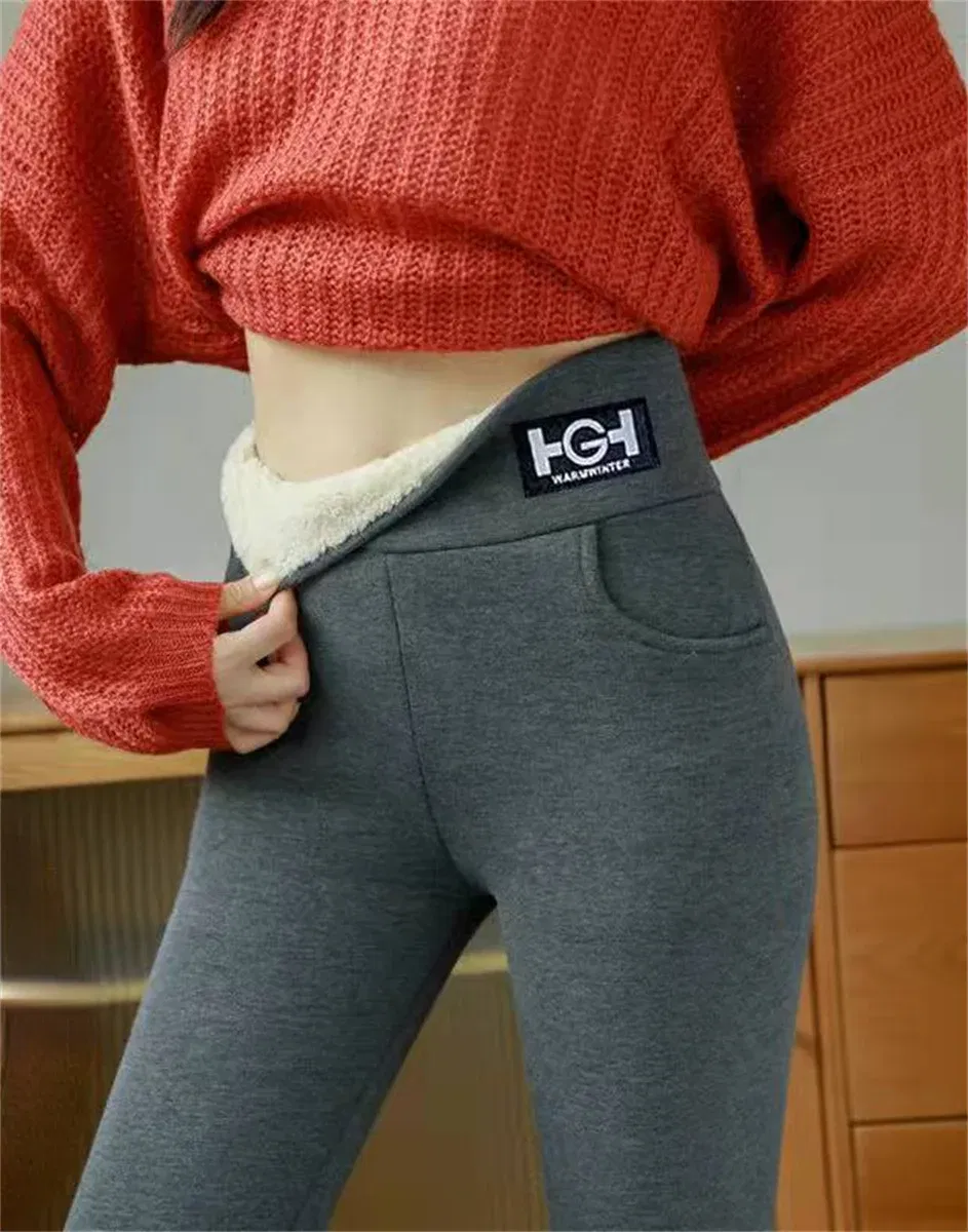 Color: GRAY, Size: S - Winter Women Leggings Solid Warm Leggings Thicken Lambwool Hight Waist Fleece Keep Butt Lift High Stretchy Walking Pants Pocket