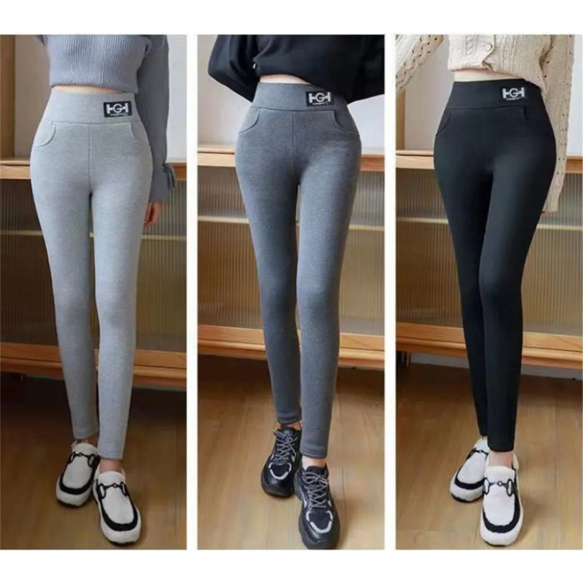 Color: GRAY, Size: S - Winter Women Leggings Solid Warm Leggings Thicken Lambwool Hight Waist Fleece Keep Butt Lift High Stretchy Walking Pants Pocket