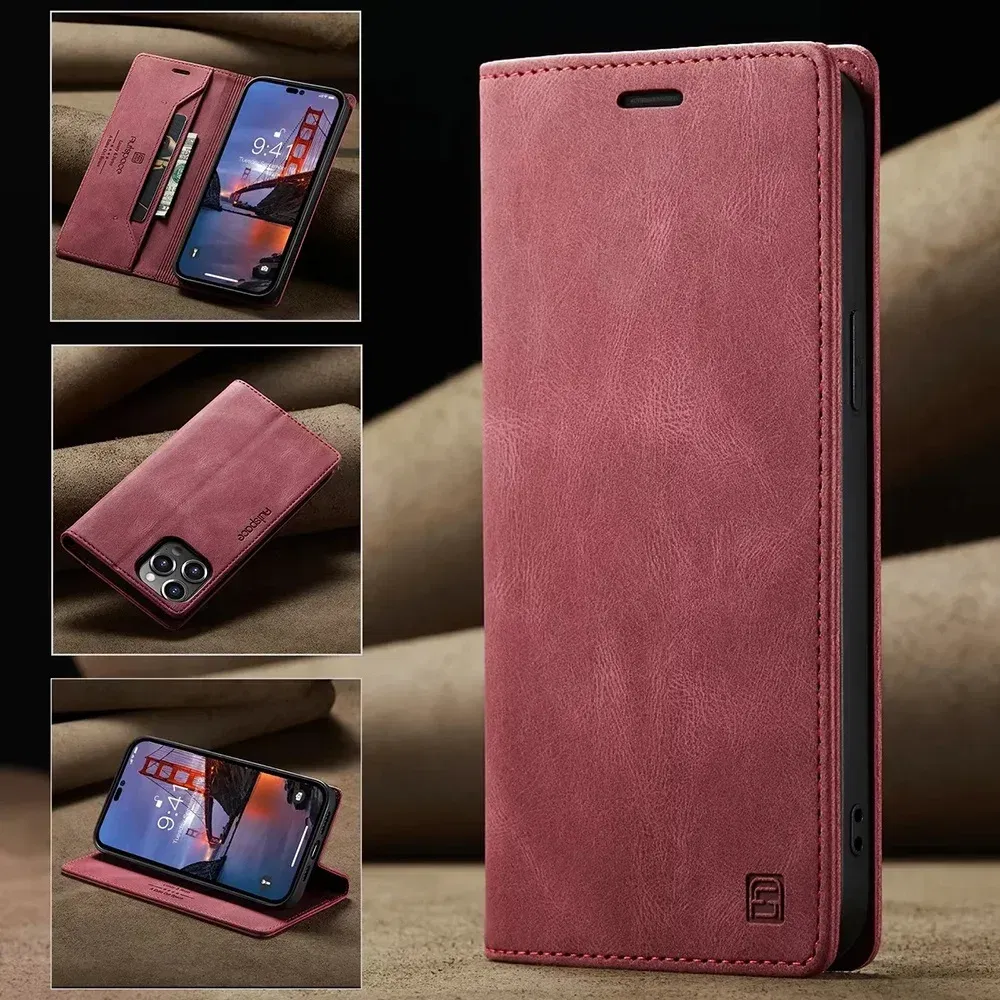 Color: Red, Material: Leather - Leather Cases for IPhone 16 15 14 13 12 11 Pro Max XR XS Max 8 7 6s Plus SE 2022 2020 Wallet Folio Flip Cover Rfid Blocking