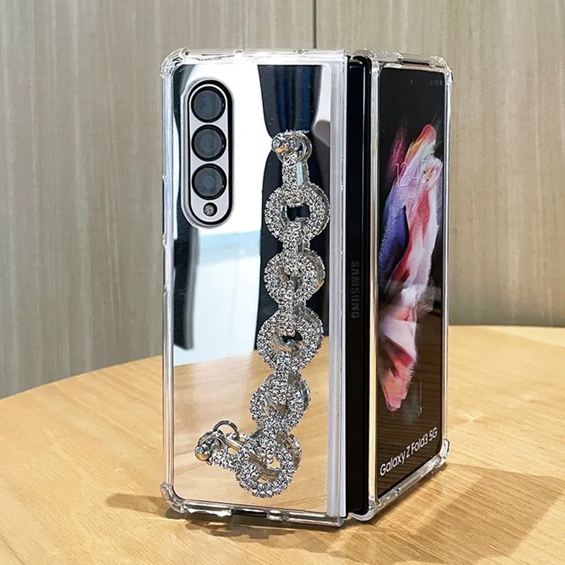 Color: Beige, Material: Cotton Fabric - Luxury Rhinestone Bracelet Phone Cover For Samsung Galaxy Z Fold 6 5 4 3 Makeup Mirror Soft TPU Frame Shockproof Case For Woman
