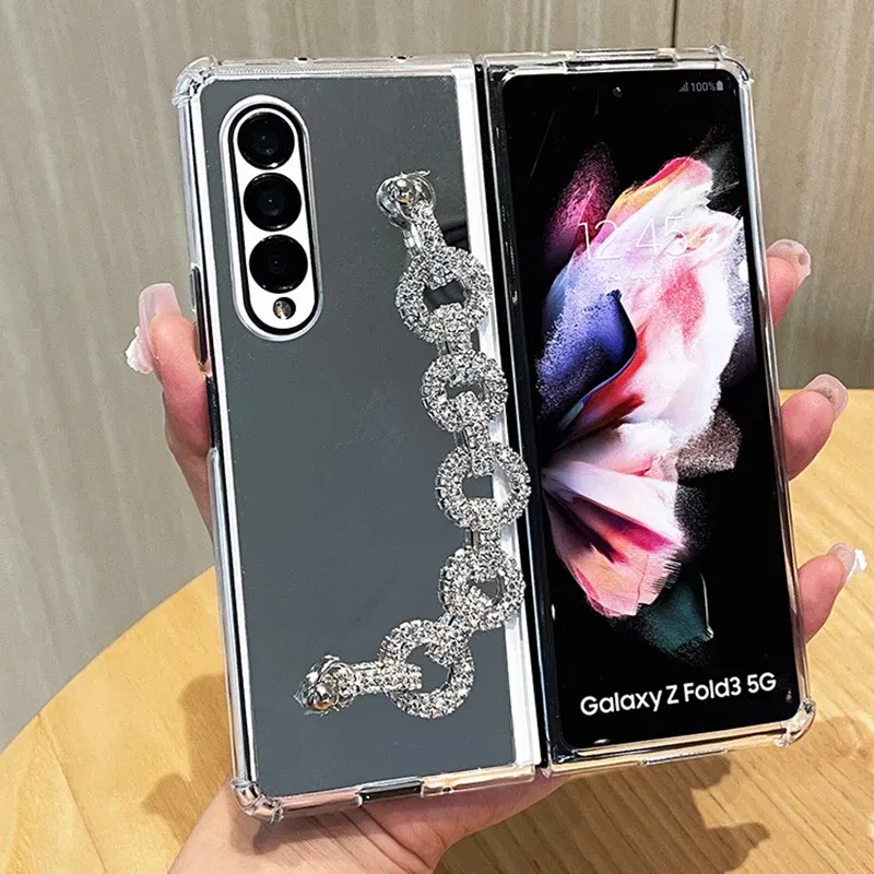 Color: Beige, Material: Cotton Fabric - Luxury Rhinestone Bracelet Phone Cover For Samsung Galaxy Z Fold 6 5 4 3 Makeup Mirror Soft TPU Frame Shockproof Case For Woman