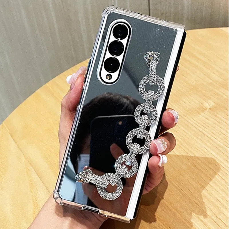 Color: Beige, Material: Cotton Fabric - Luxury Rhinestone Bracelet Phone Cover For Samsung Galaxy Z Fold 6 5 4 3 Makeup Mirror Soft TPU Frame Shockproof Case For Woman