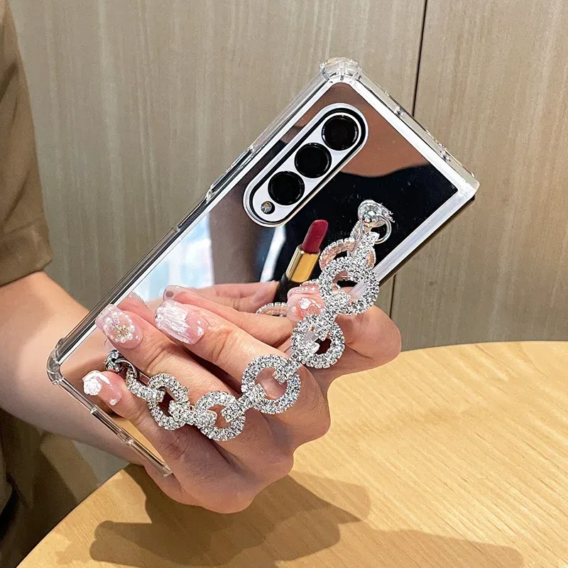 Color: Beige, Material: Cotton Fabric - Luxury Rhinestone Bracelet Phone Cover For Samsung Galaxy Z Fold 6 5 4 3 Makeup Mirror Soft TPU Frame Shockproof Case For Woman