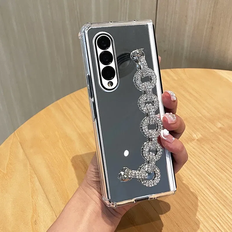 Color: Beige, Material: Cotton Fabric - Luxury Rhinestone Bracelet Phone Cover For Samsung Galaxy Z Fold 6 5 4 3 Makeup Mirror Soft TPU Frame Shockproof Case For Woman