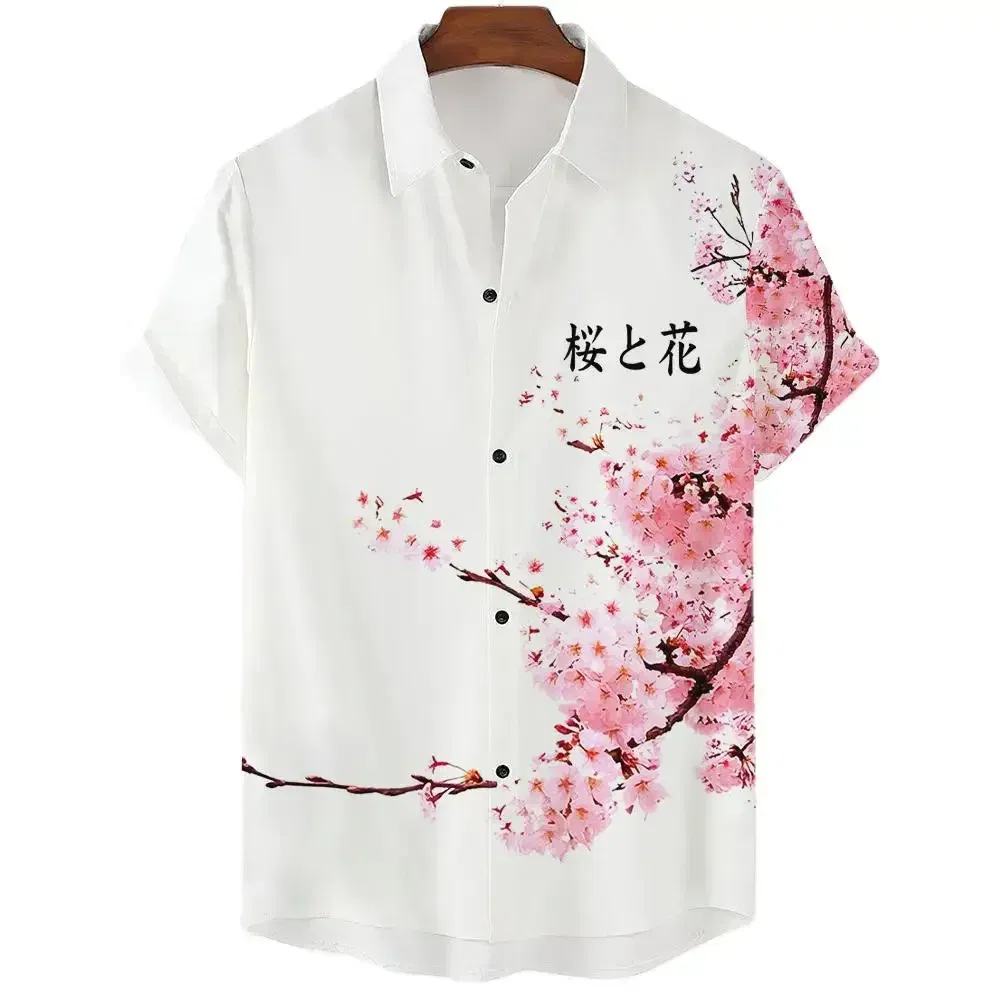Color: Navy Blue, Size: 5XL - Fashionable Luxury Social men's Shirt Lapel button-down Shirt Casual Japanese Aesthetic Cherry Blossom Print short-sleeved Tops