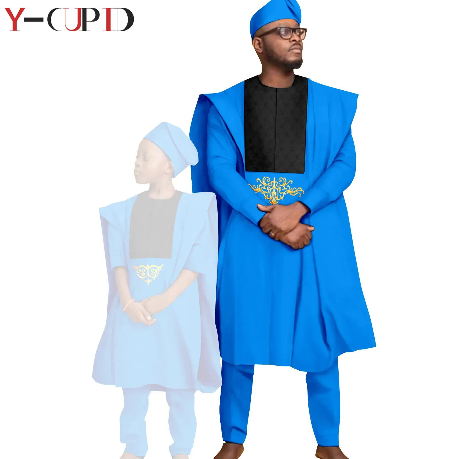 Color: MULTI, Size: Mother 5XL - African Clothes for Men Top Pants Robes Hat Sets Match Kid Boy Sets Dashiki Father and Son Bazin Riche Family Outfits Y20F001