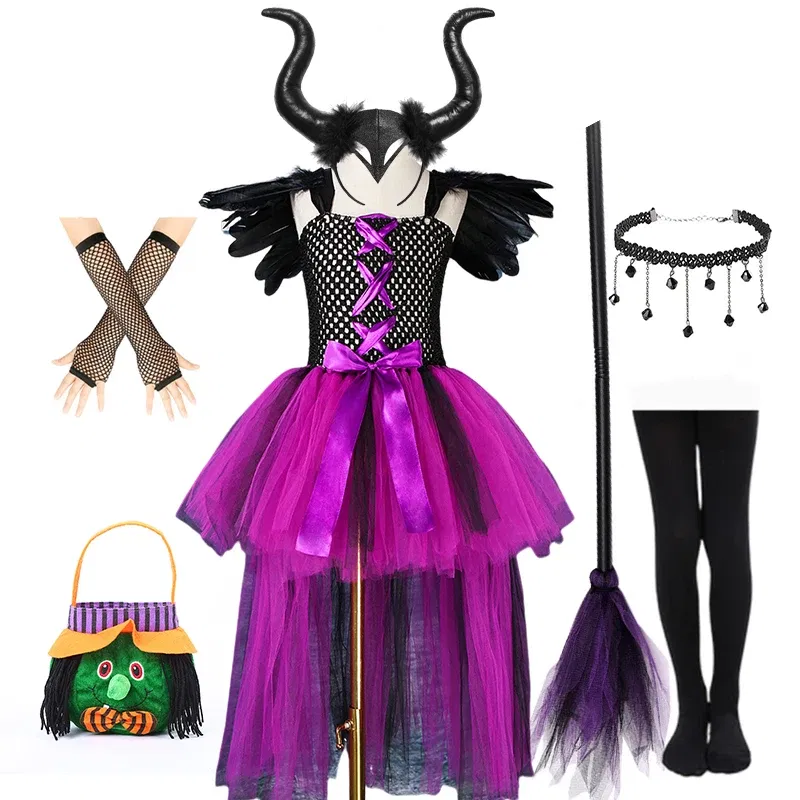 Color: Gold, Kid Size: 2T - Halloween Witch Tutu Dress for Girls Handmade Mesh Bat Wizard Cosplay Costumes with Hat Broom Toddler Evil Party Clothes Set