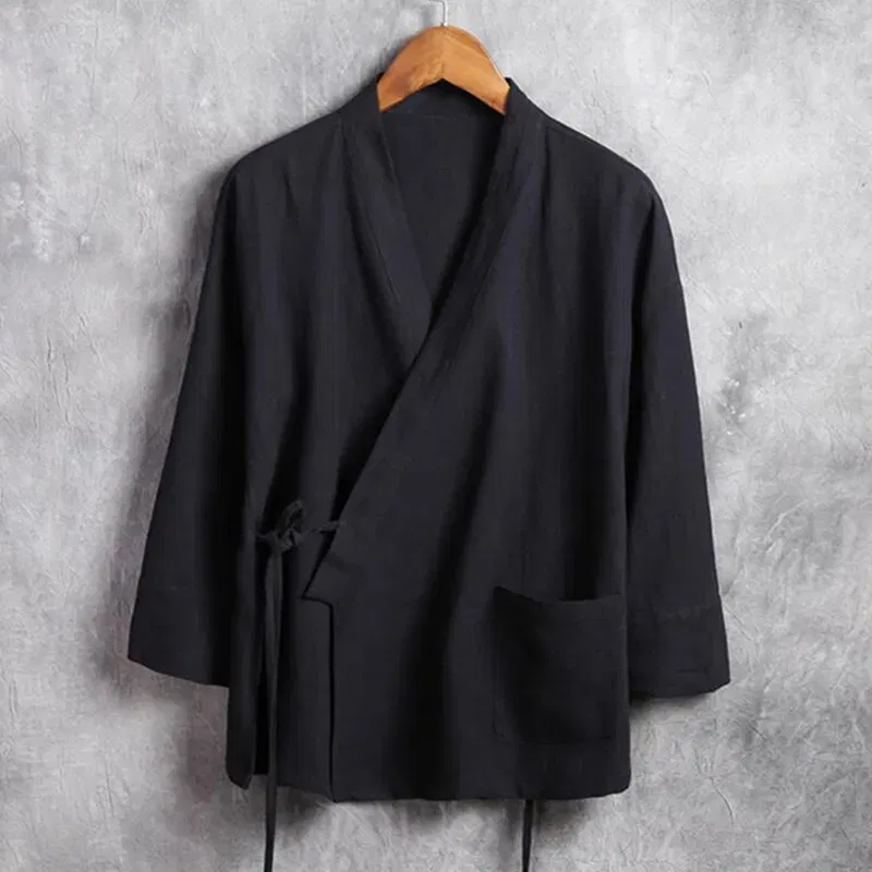 Color: Red, Size: 4XL - Plus Size M-6XL Pure Color Men's Tops 2024 New Cotton Linen Oblique Placket Long Sleeve Linen Hanfu chinese Clothing  Kimono