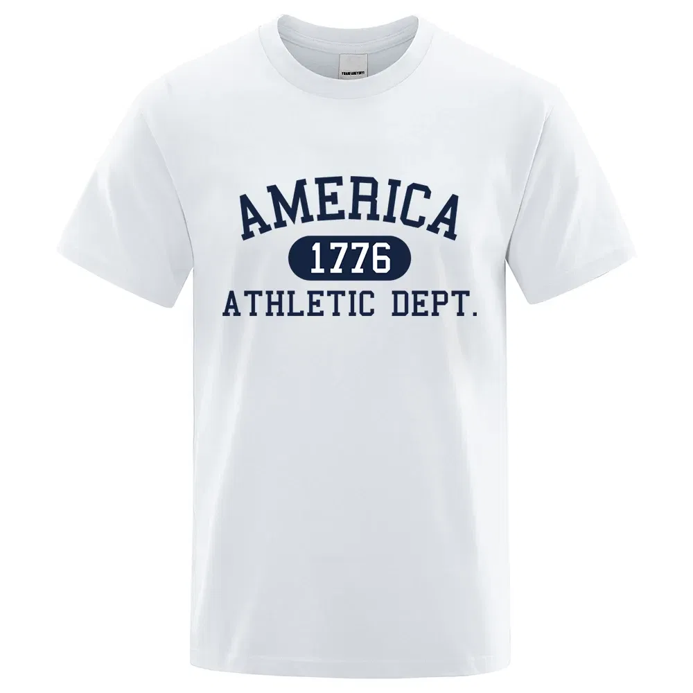 Color: Khaki, Size: L - America 1776 Athletic Dept Letter Tshirt Man Fashion Tee Clothes Summer Luxury T-Shirt Hip Hop Breathable Cotton Tee Clothes