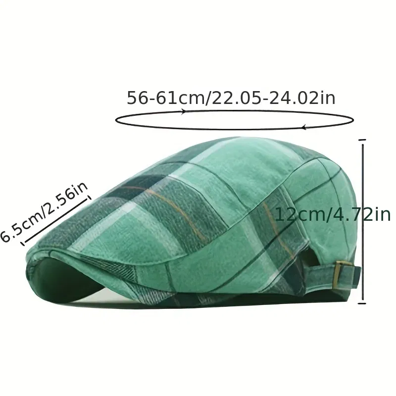 Color: Green - Men's Plaid Pattern Flat Cap Newsboy Hat Women Beret Cabbie Gatsby Cap