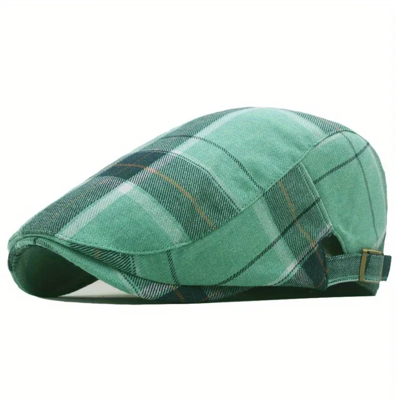 Color: Green - Men's Plaid Pattern Flat Cap Newsboy Hat Women Beret Cabbie Gatsby Cap