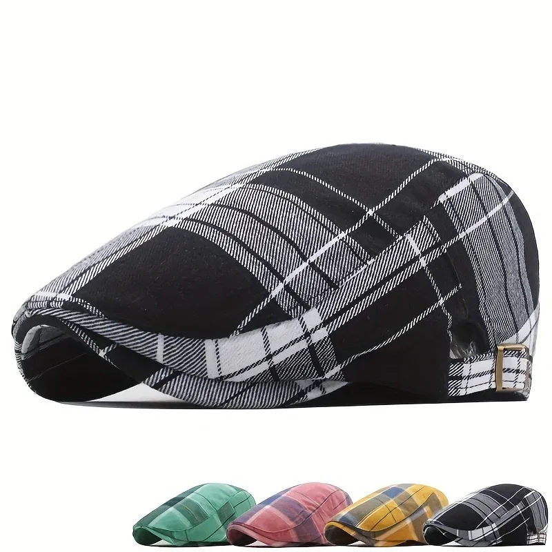 Color: Green - Men's Plaid Pattern Flat Cap Newsboy Hat Women Beret Cabbie Gatsby Cap