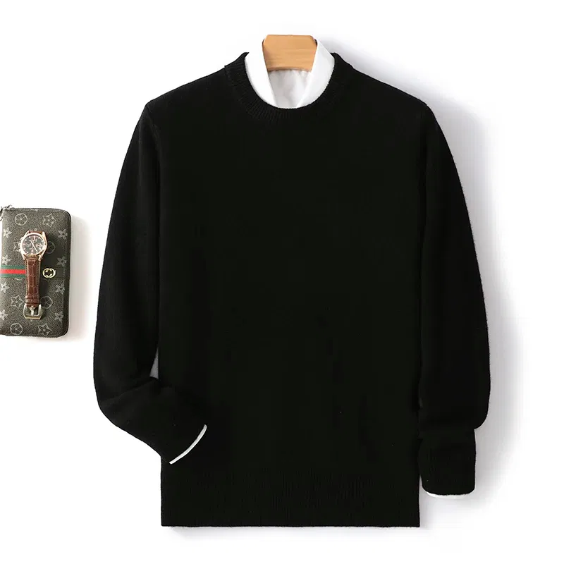 Color: black, Size: L, Ships From: CHINA - Men's 100% Pure Wool Cashmere Sweater O-Neck Pullover Knit Sweater Autumn and Winter New Long Sleeve High-End Jumpers Thick Tops