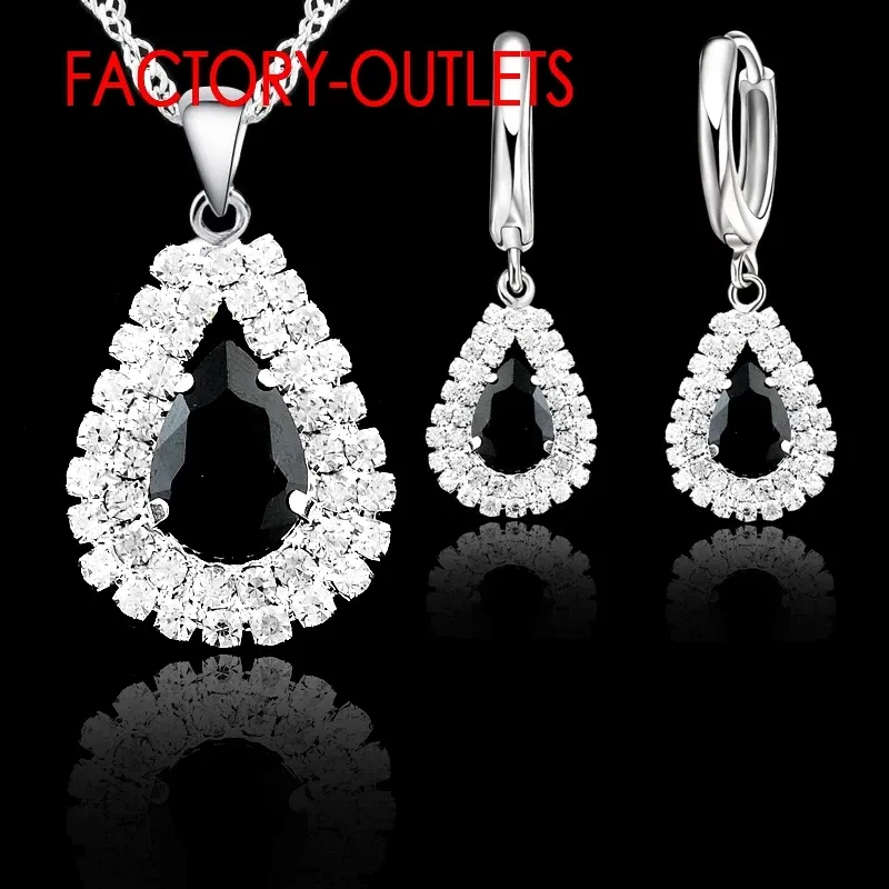 Metal color: Rhodium Plated - Hot Sale 925 Silver Needle Bridal Jewelry Sets Austrian Crystal Water Drop Necklaces Hoop Earrings Women Party Engagement