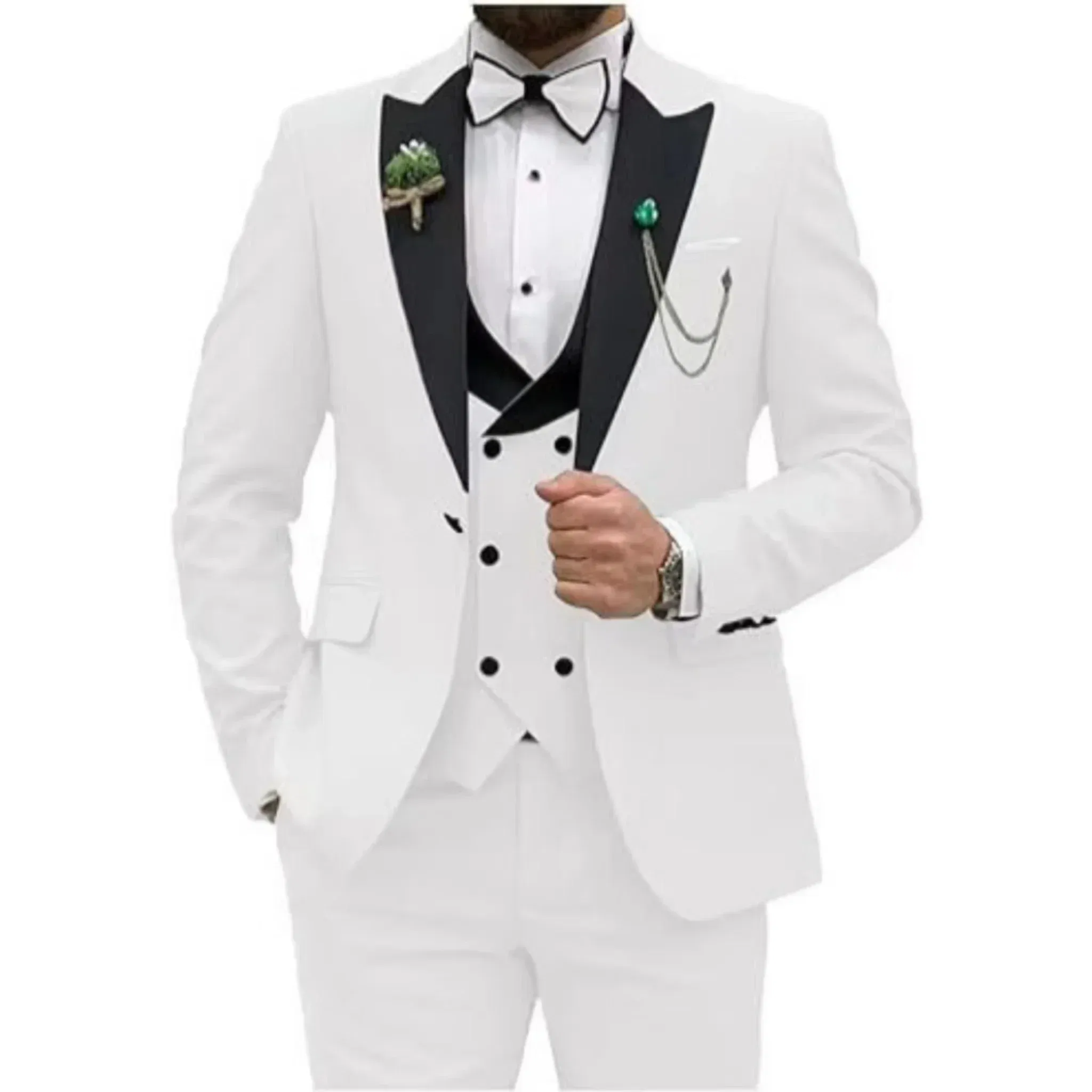 Color: WHITE, Size: One Size - Men Suit Colorful Luxury Blazer Vest And Pant Sets 3 Piece Birthday Dress Business Prom Evening Party Costumes High Quality