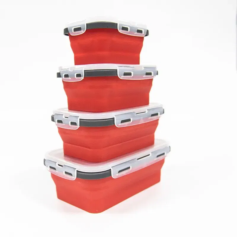Number of Tiers: 1-tier, Color: Blue - 4PCS Foldable Silicone Lunch Box Portable Microwave Heated Lunch Box Square Silicone Preservation Box Kitchen Supplies