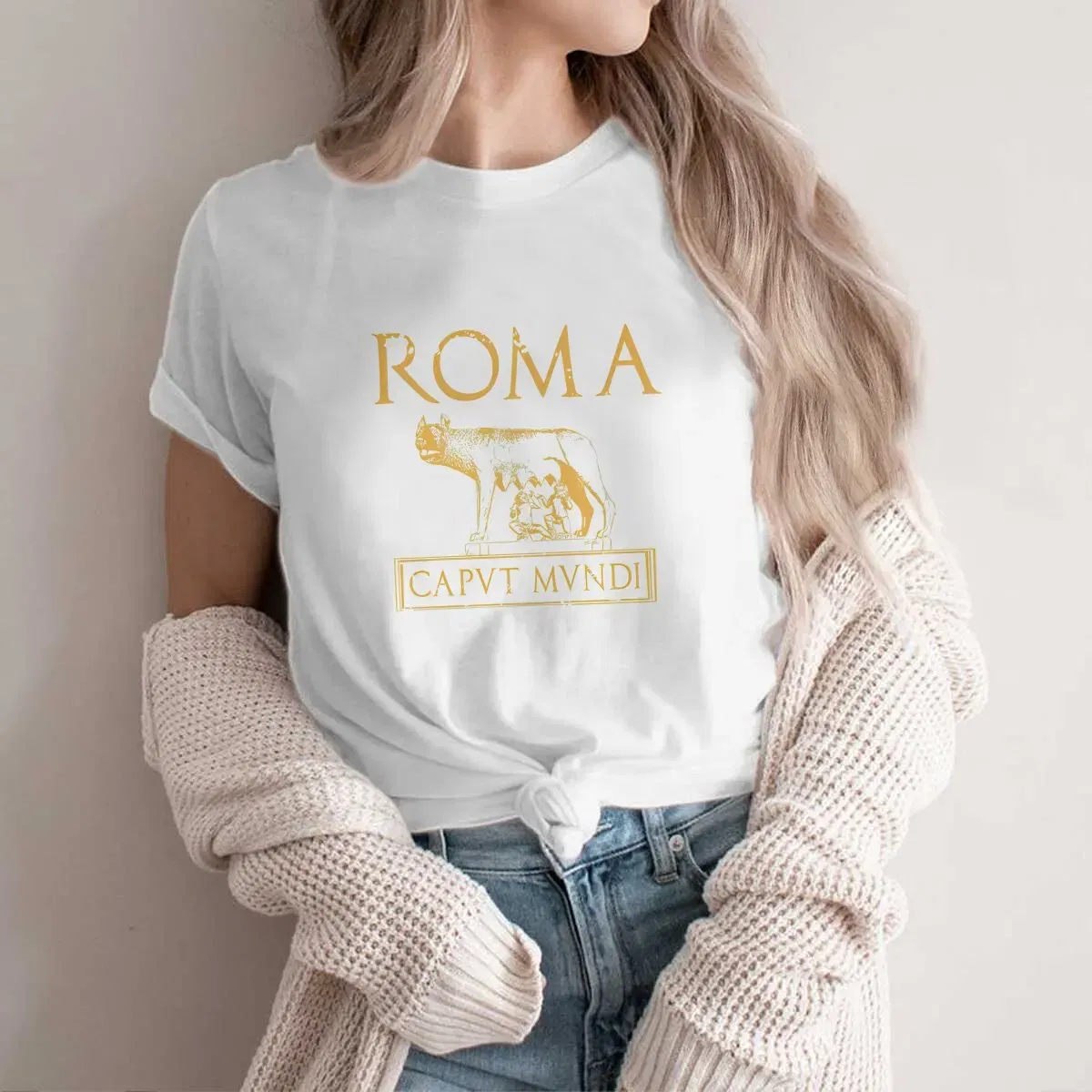 Color: WHITE, Size: L - Roma Caput Mundi Casual Polyester TShirt Ancient Rome Style Streetwear Leisure T Shirt Female