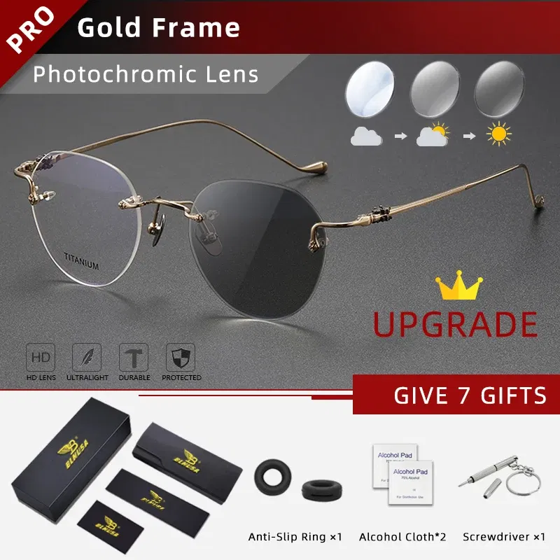 Frame Color: black, Eye Prescription: +375 - BLMUSA Pure Titanium Rimless Anti-blue Light Reading Glasses for Men Round Photochromic Optical Prescription with MR-8 lens