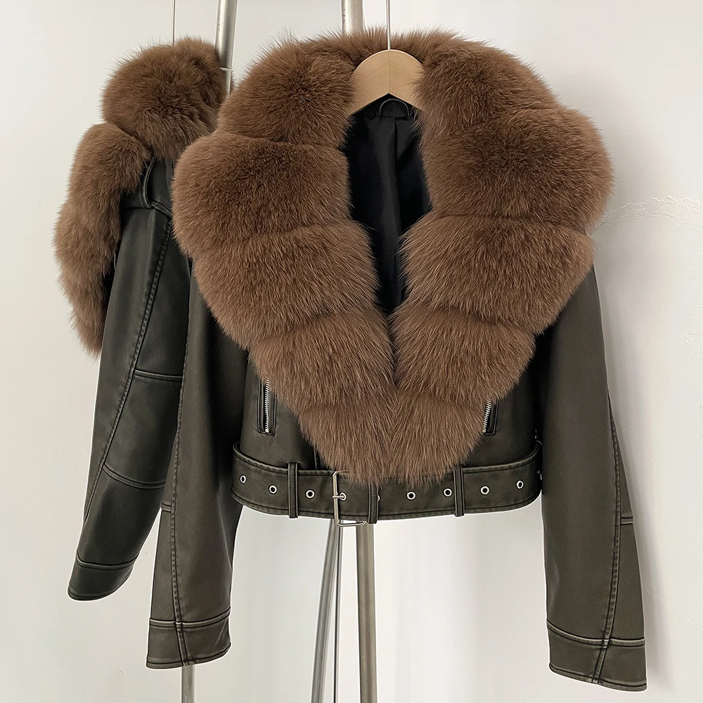 Color: Turquoise, Size: S - Fake Leather Coat New Natural Fox Fur Autumn Short Faux Leather Jacket Female Spring PU Women Long Sleeve Real Fur Coat Thin