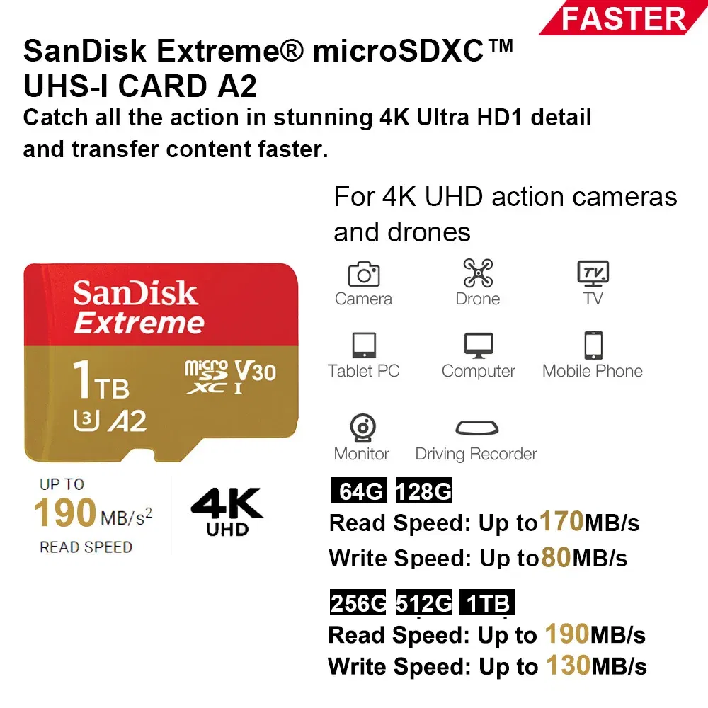 Capacity: 128GB - SanDisk Micro SD Memory Card 100% Original C10 U1 U3 4K HD Trans Flash Cards for Camera GoPro DJI Nintendo Switch MicroSDXC Card