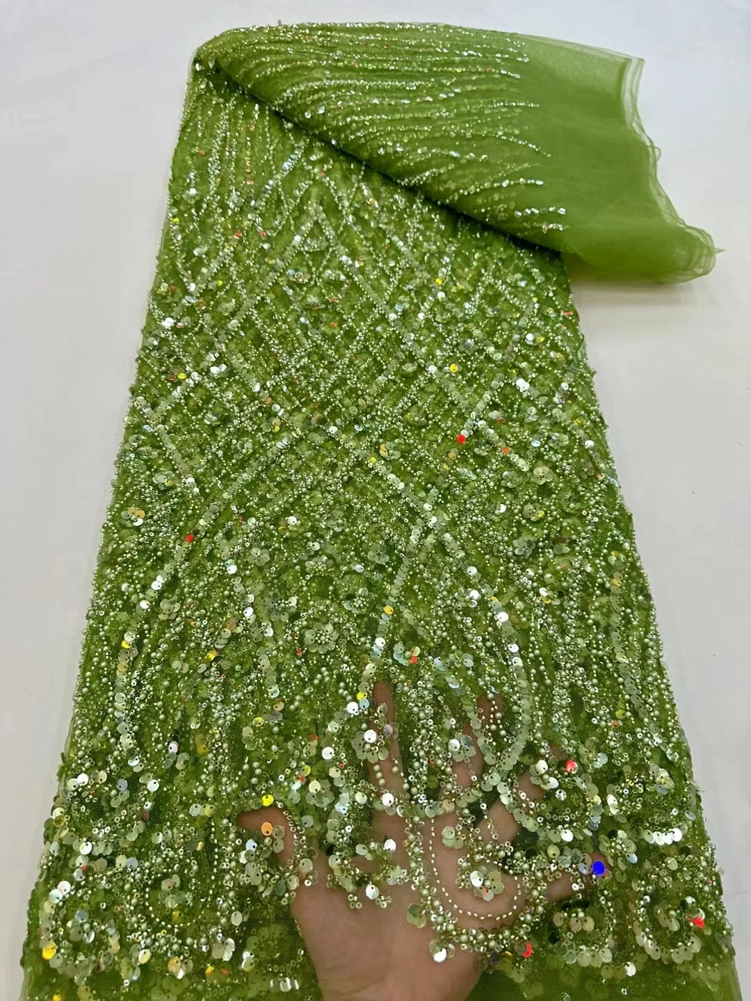 Color: BROWN, Width: 120cm, Length: 5 yards - Ni Ai African Sequins Beaded Groom Lace Fabric High Quality French Tulle Lace Fabric 2025 Embroidery Nigerian Lace Fabrics