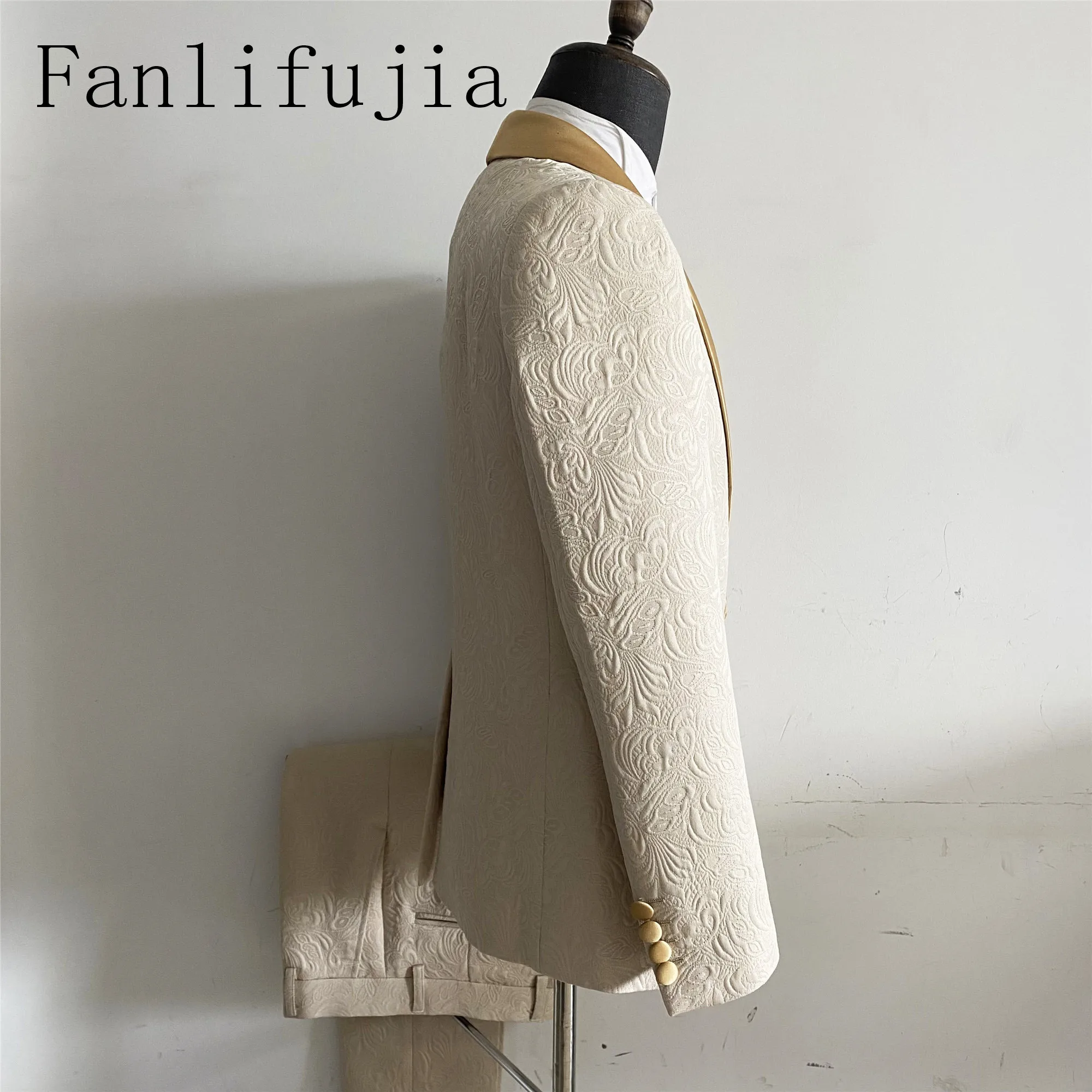 Color: Champagne, Size: XL - Fanlifujia Mens Wedding Suits 2024 Italian Design Custom Made Champagne Smoking Tuxedo Jacket 2 Piece Groom Terno Suits For Men
