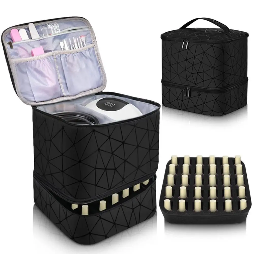 Color: SKY BLUE - 30 Grids Nail Organizer Makeup Bag Cosmetic Manicure Case Professional Double Layer Design Nail Polish Gel Handbag with Handle