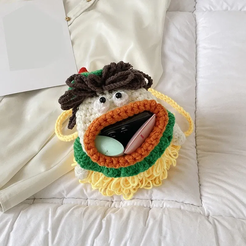 Color: Yellow - New hand-woven cute mobile phone bag fashion wool messenger bag personality crochet key bag wool women's bag