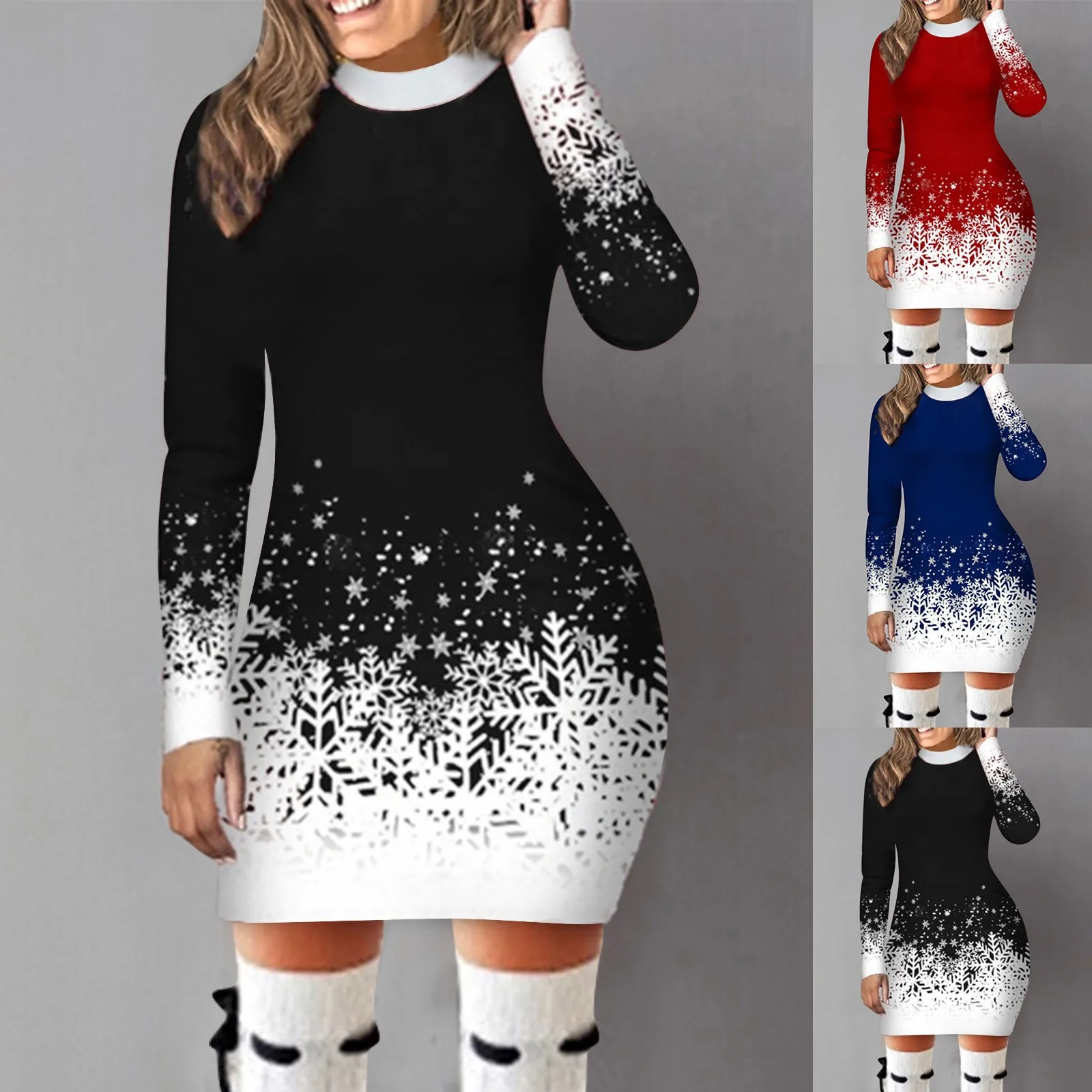 Color: black, Size: M, Ships From: CN - Women's Christmas Dress Hip Wrap Slim Fit Autumn Winter 2024 Dresses Round Neck Snowflake Printed Long-sleeved Party Clothes