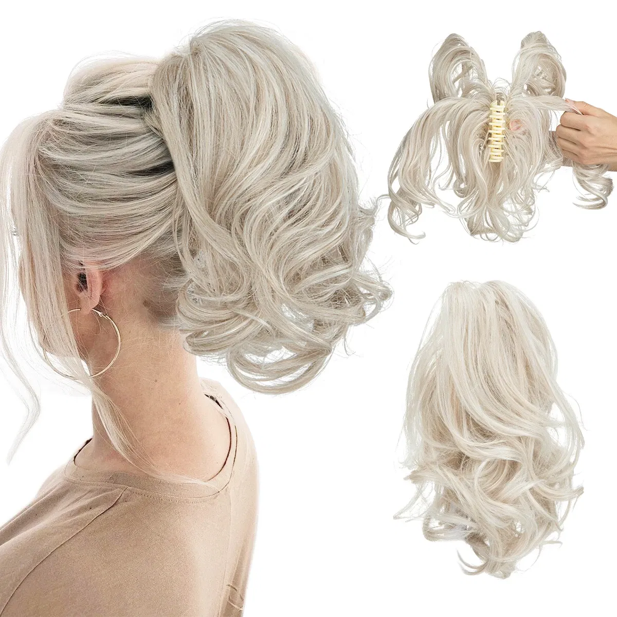 Color: P2/613, Bulk Buy: 1pc - Synthetic Diy Claw Clip In Ponytail Hair Extensions Hairpiece Hair Bun Fake Black Blonde Natural Hair False Pigtail for Women