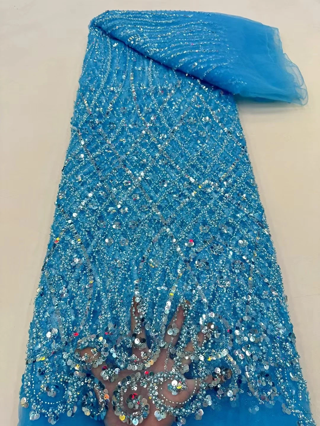Color: Midnight Blue, Width: 120cm, Length: 5 yards - Ni Ai African Sequins Beaded Groom Lace Fabric High Quality French Tulle Lace Fabric 2025 Embroidery Nigerian Lace Fabrics