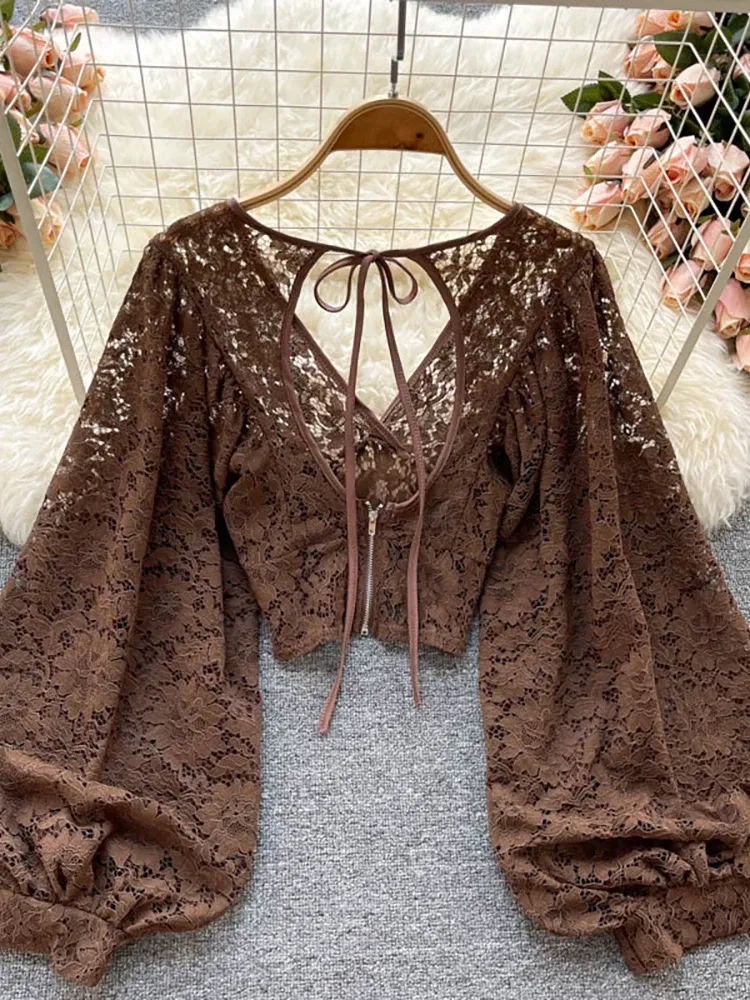 Color: green, Size: One Size - Autumn Black/White/Brown Sexy Lace Blouse Women Elegant V-Neck Puff Long Sleeve Open Back Short Tops Female Party Blusas 2021