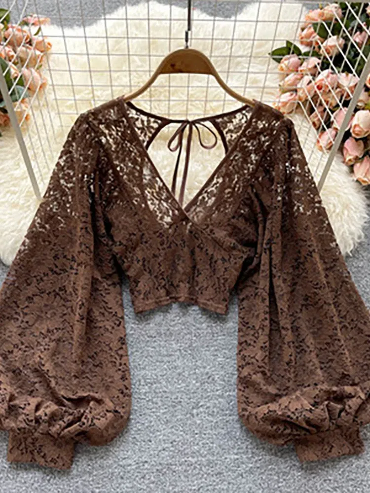 Color: green, Size: One Size - Autumn Black/White/Brown Sexy Lace Blouse Women Elegant V-Neck Puff Long Sleeve Open Back Short Tops Female Party Blusas 2021