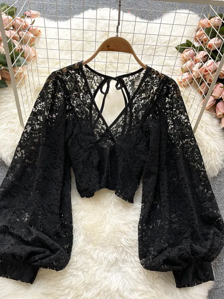 Color: green, Size: One Size - Autumn Black/White/Brown Sexy Lace Blouse Women Elegant V-Neck Puff Long Sleeve Open Back Short Tops Female Party Blusas 2021