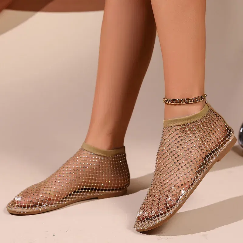 Color: Gold, Shoe Size: 36 - Women Summer New Fashion Mesh Luxurious Rhinestone Designer Simple Solid Color Sandals Daily Versatile Round Toe Womens Sandal