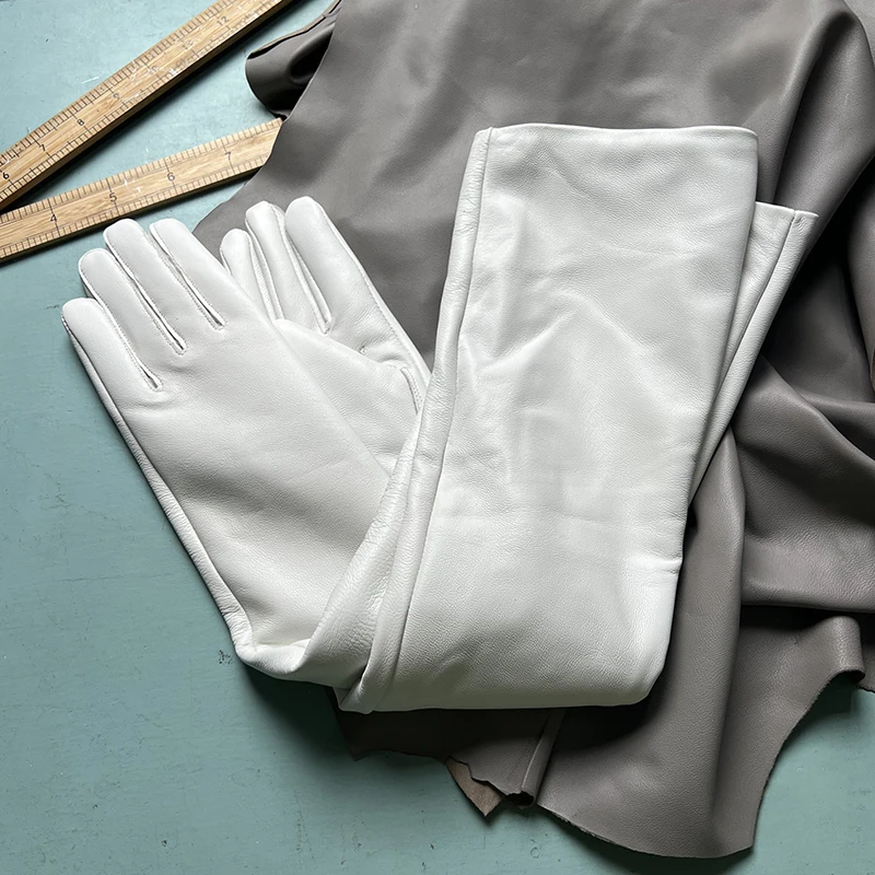 Color: WHITE, Gloves Size: 7 3/8 - 50cm New Genuine Leather White Women's High Grade Party Mittens Sheepskin Lady Winter Velvet long Gloves Creamy Ivory Snow White