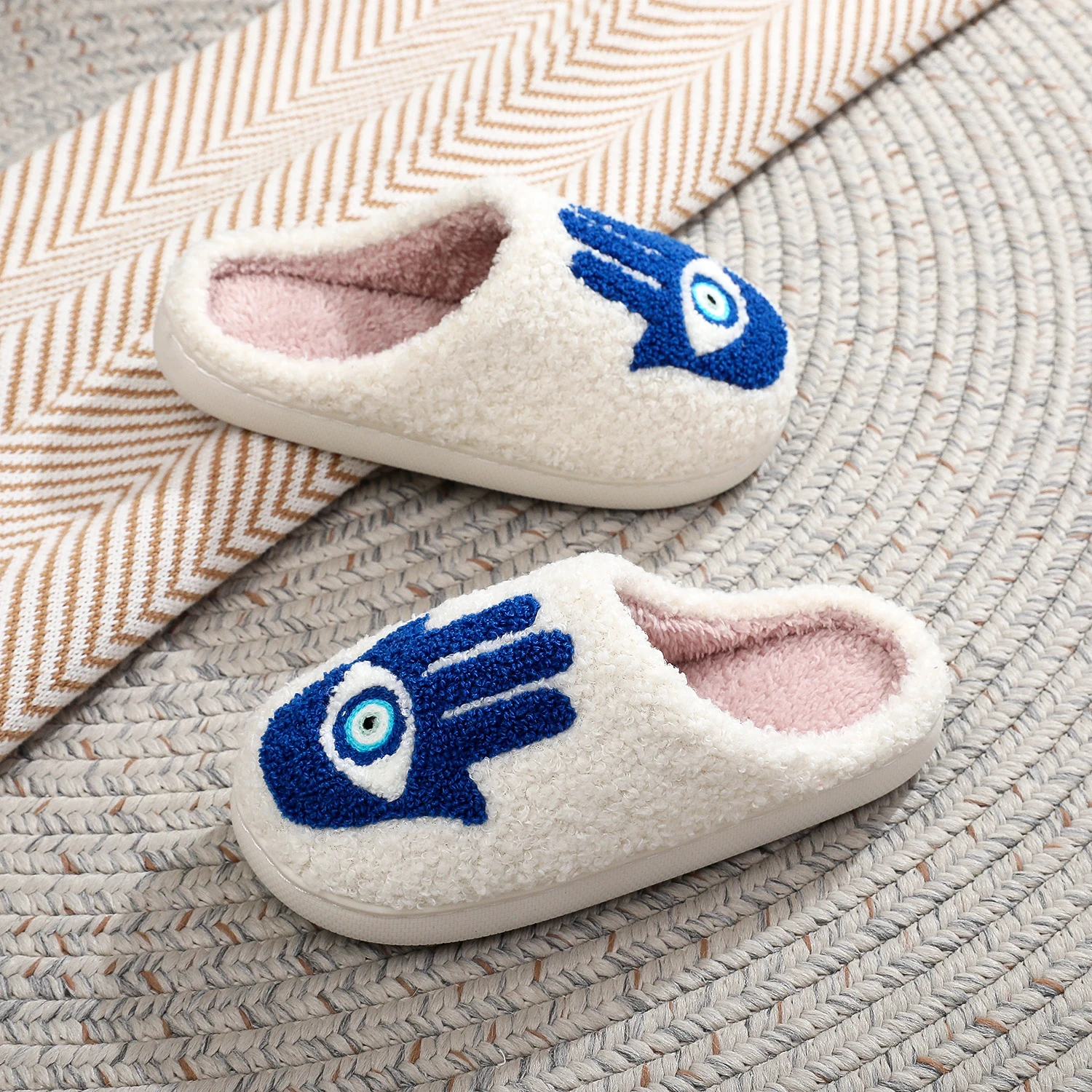 Color: Blue, Shoe Size: 38 - Winter Funny Palm Fur Slippers Home Home Wear-Resistant Non-Slip Plus Velvet Thick Bottom Cotton Slippers