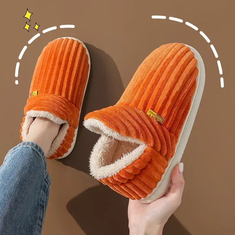 Color: Beige, Shoe Size: 38-39 - Winter Couple Style Concise Solid Color Wrap Heels Plush Slippers Non-slip Warm Flip Flops Women Men Home Casual Cotton Shoes