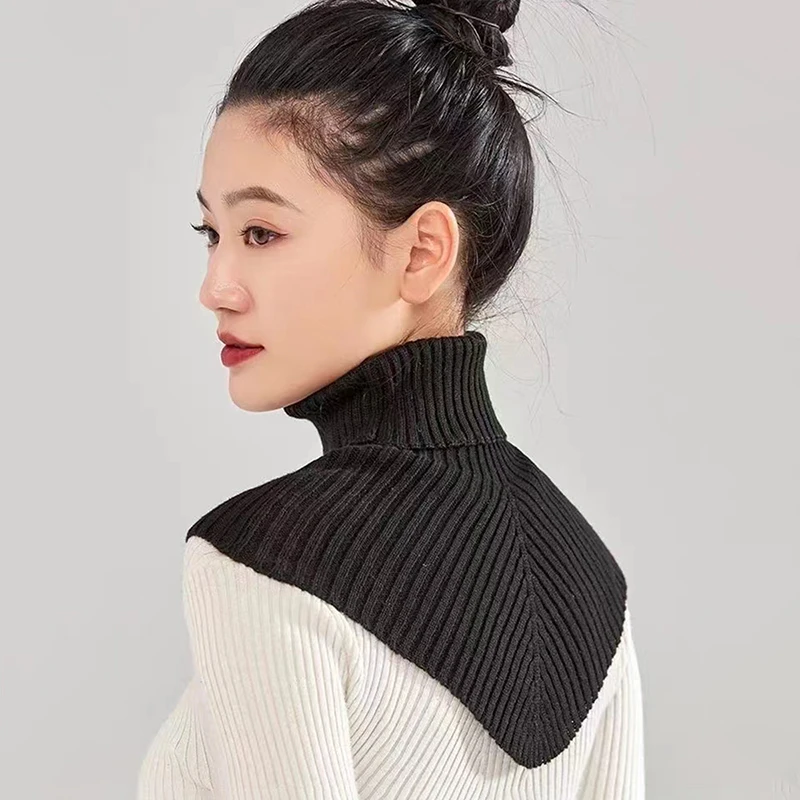 Color: black - Women Winter Knitted Cotton Fake Collar Scarf Women Warm Turtleneck Neck Warmer Detachable Winter Windproof Scarf 36*28cm
