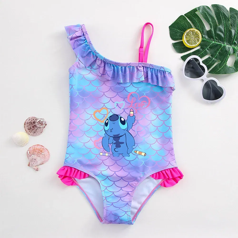 Color: Light Green, Size: XL - Stitch Girls Swimsuit Fashion Mermaid Fish Scale One-Piece Bathing Suits Children's Dresses Summer Swimwear Beach Suit Kids Wear
