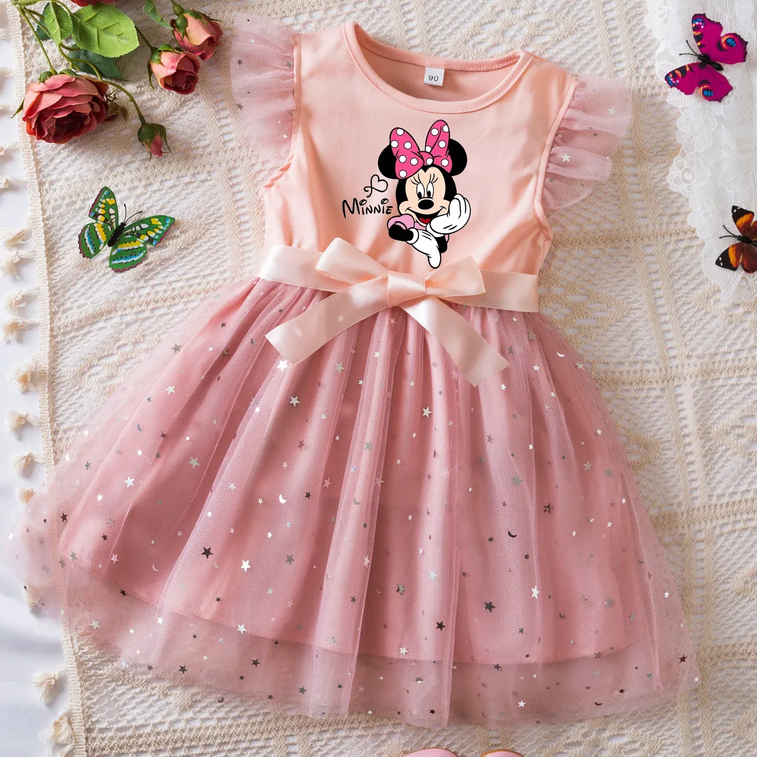Color: GRAY, Size: L - Mickey Minnie Mouse Girls Summer Clothes Flying Sleeves Bow Sequin Dress 2-6Y Kid Birthday Tutu Princess Dress for Baby Girl