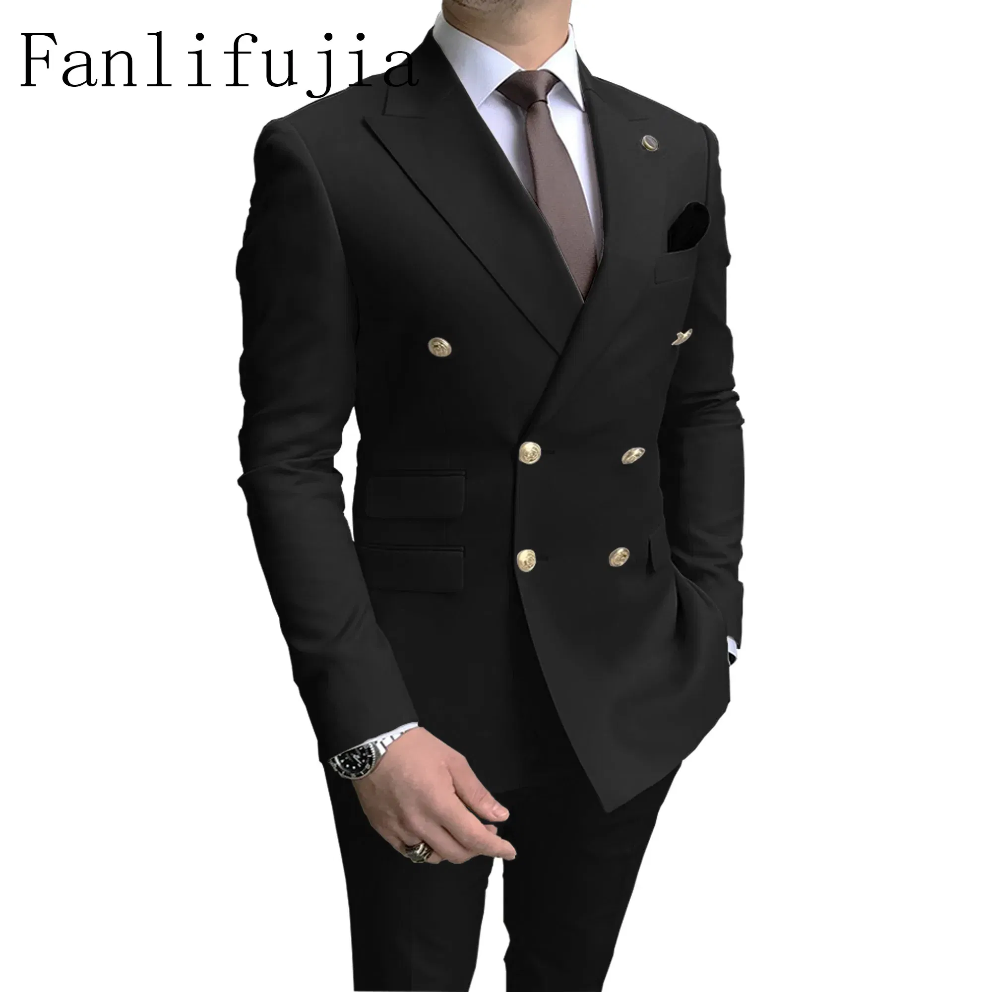 Color: black, Size: 4XL - Fanlifujia Store 2024 Casual Sky Blue Men Suits Double Brested Peak Lapel Gold Button Groom Wedding Tuxedos Best Costume Homme
