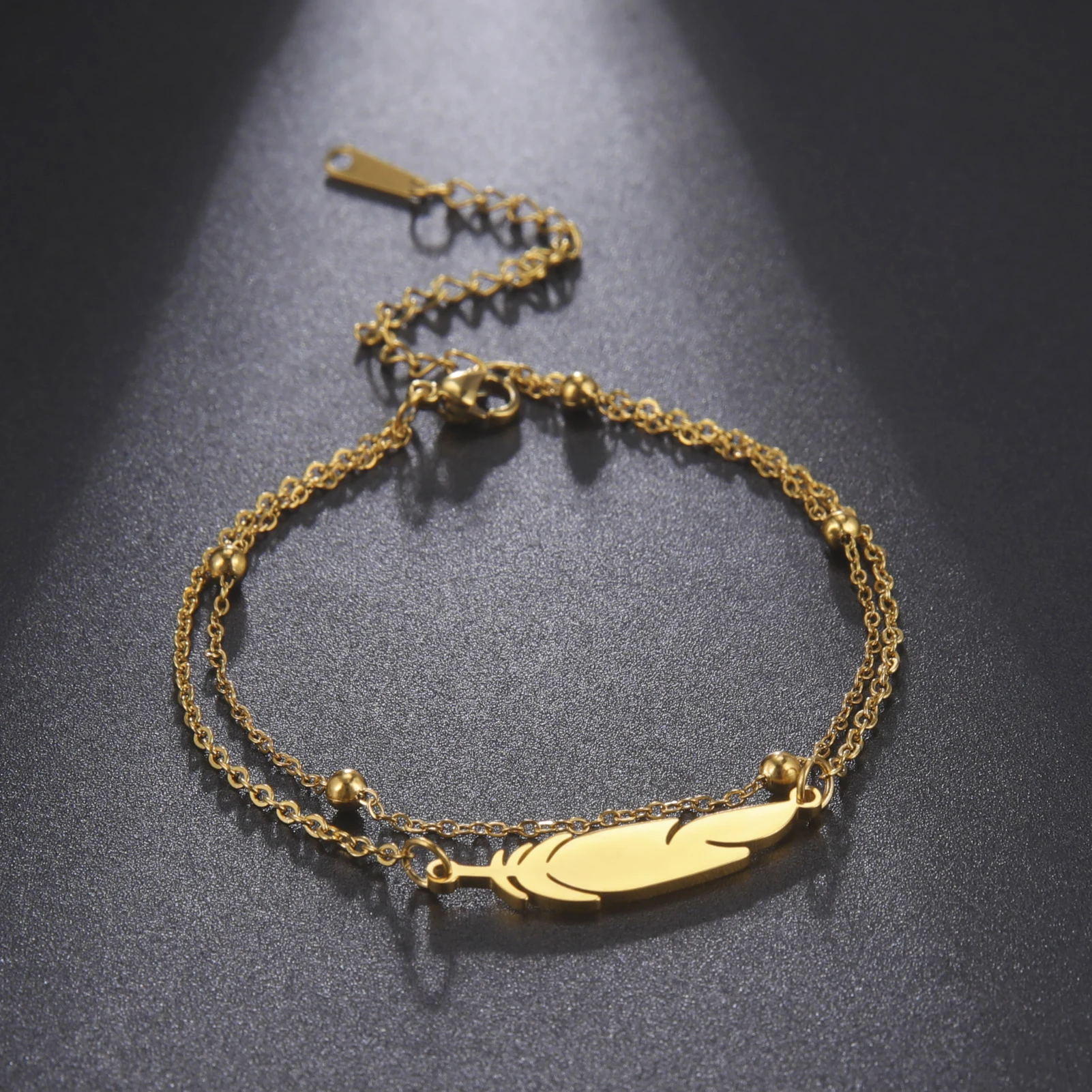 Metal Color: champagne gold - Kkjoy Ankles of Women Men Silver Color Feather Stainless Steel Double Foot Chain Beach Style Trendy Female Jewelry Accessories