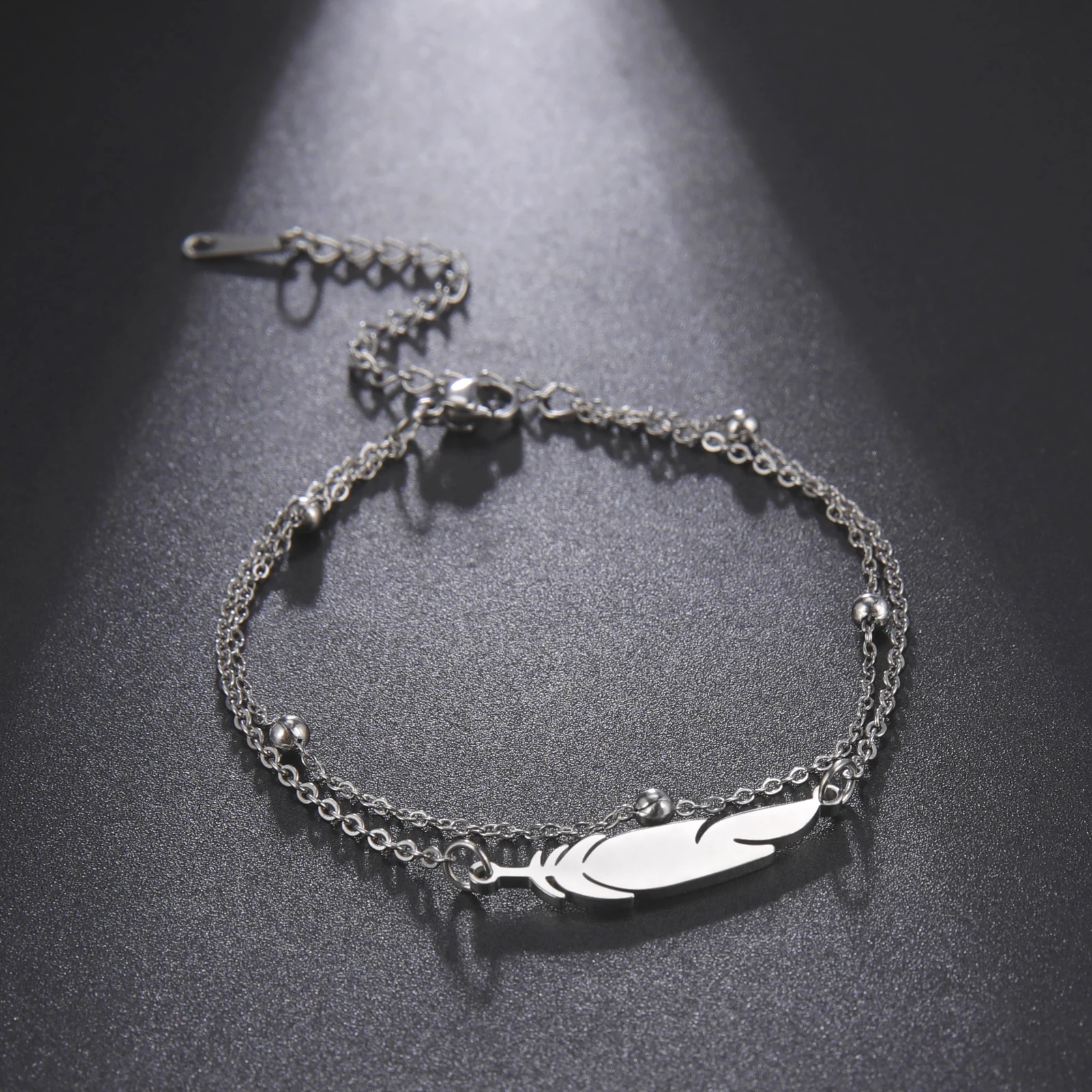 Metal Color: champagne gold - Kkjoy Ankles of Women Men Silver Color Feather Stainless Steel Double Foot Chain Beach Style Trendy Female Jewelry Accessories