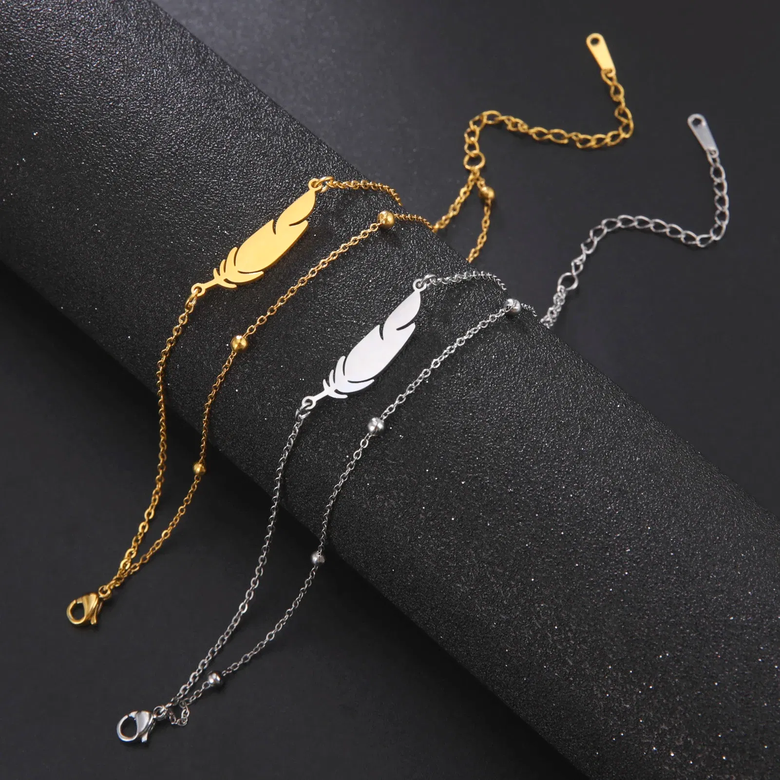 Metal Color: champagne gold - Kkjoy Ankles of Women Men Silver Color Feather Stainless Steel Double Foot Chain Beach Style Trendy Female Jewelry Accessories