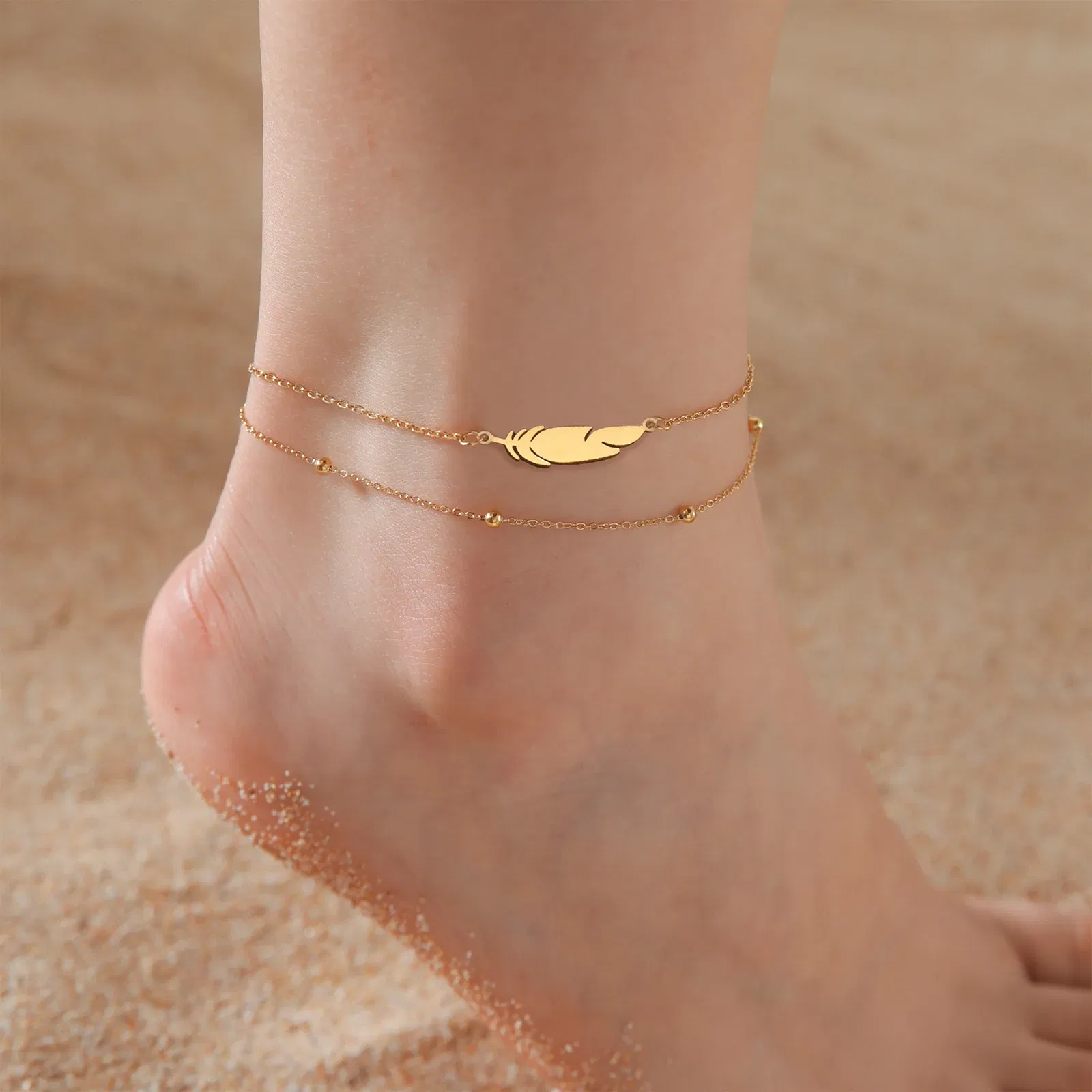 Metal Color: champagne gold - Kkjoy Ankles of Women Men Silver Color Feather Stainless Steel Double Foot Chain Beach Style Trendy Female Jewelry Accessories