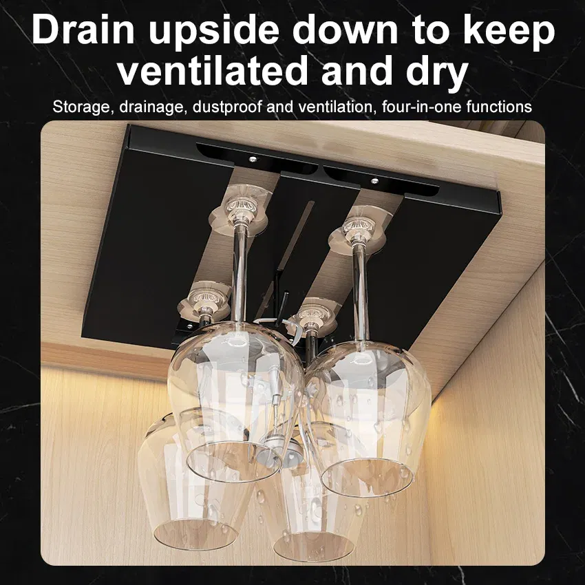 Color: Light Grey - Stainless Steel Under Cabinet Wine Glass Cup Holder Space-Saving Bar Counter Shelf Storage Rack Hanging Hooks Goblet Pokal Stand