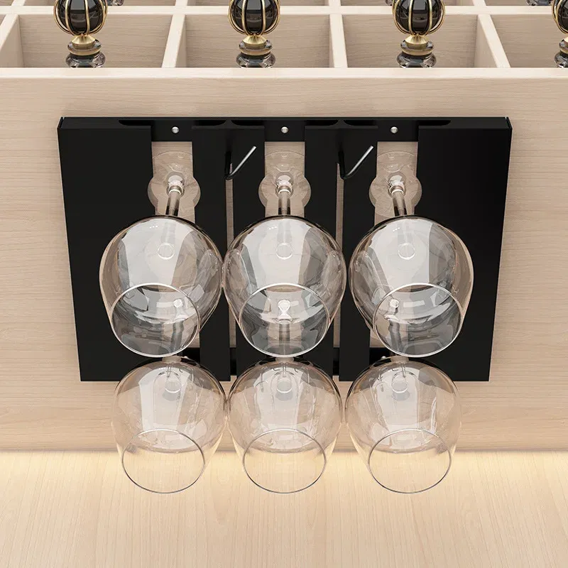 Color: Light Grey - Stainless Steel Under Cabinet Wine Glass Cup Holder Space-Saving Bar Counter Shelf Storage Rack Hanging Hooks Goblet Pokal Stand